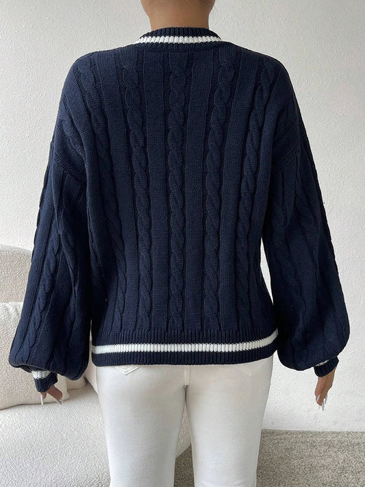 Adora Milano V-neck top Women's Fried Dough Twists intercolor knitwear Long sleeve loose
