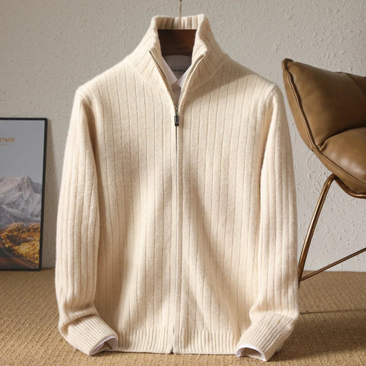 Adora Milano Men 100% Merino Wool Stand-Up Collar Cardigan Casual Knit Business