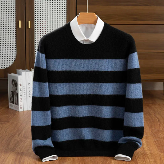 Adora Milano Men's 100% Cashmere Round Neck Knitted Sweater Casual Striped Color