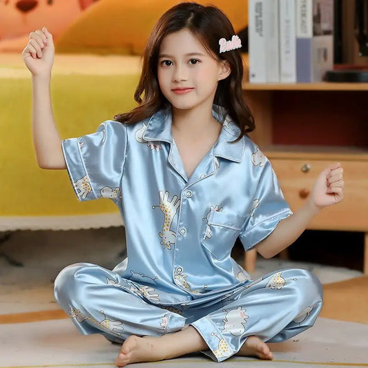 Adora Milano Kids Spring Autumn Silk Satin Pajamas Set Girls