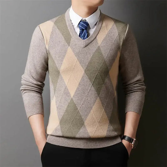 Adora Milano Men's Plaid V-neck Long Sleeved Sweater