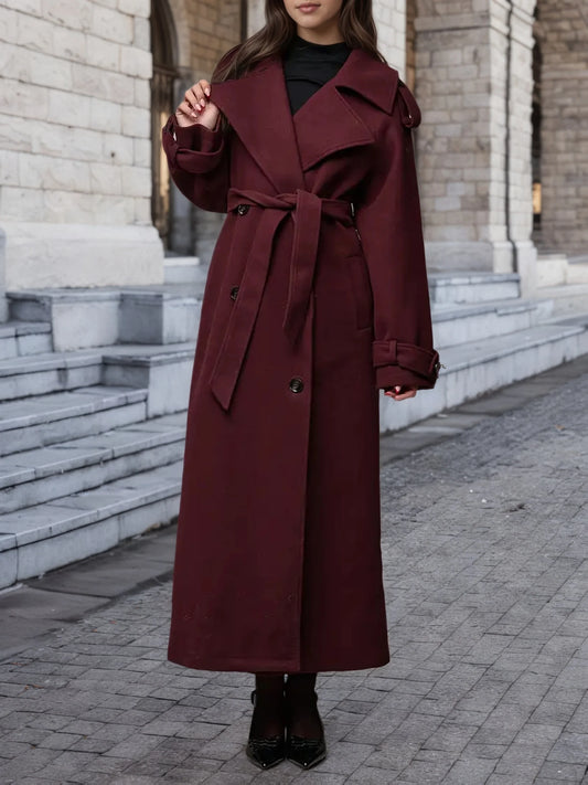 Adora Milano winter women's double breasted turtleneck wool trench coat with belt decoration,