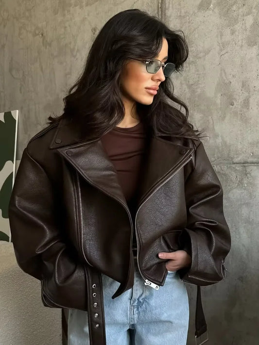 Adora Milano Casual Dark Red Zipper Leather Short Jackets Women