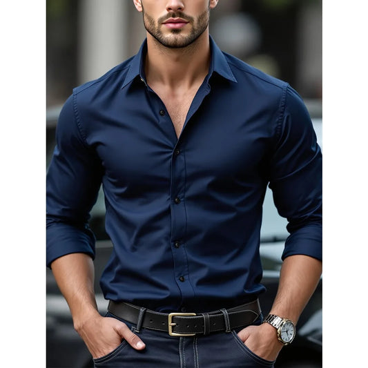 Adora Milano Men Shirt Brand New Solid Color Long Sleeve Elastic Fabric Men's Multiple Colors Male Quality Basic Shirt