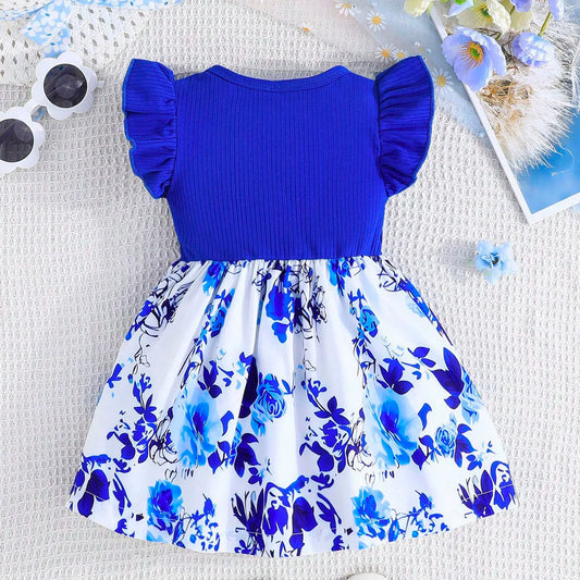 Adora Milano Baby Girl Dress Small Flying Sleeve Pleated Bow Ribbon Blue and White