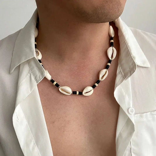 Adora Milano Wooden Bead Conch Chain Necklace for Men