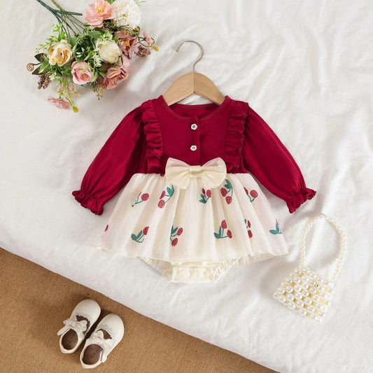 Adora Milano 3-18M Dress Bodysuit Cherry Print Long Sleeve Ruffle Bow Cute