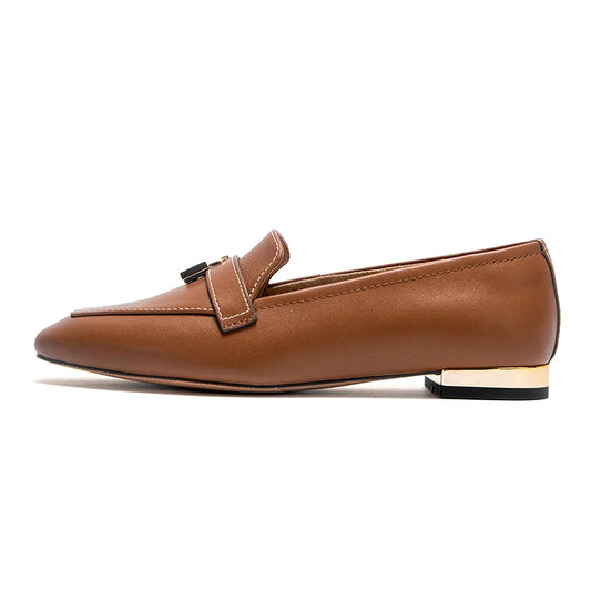 Adora Milano Women's Leather Loafers with Gold Lock Detail Square Toe Low Heel Penny Casual Office