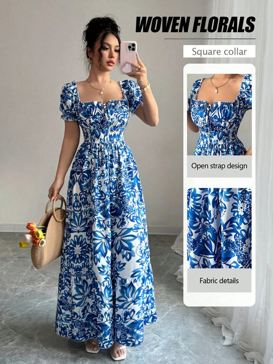 Adora Milano Women's Casual Dresses Puff Sleeve Floral Print Tie Front Dress