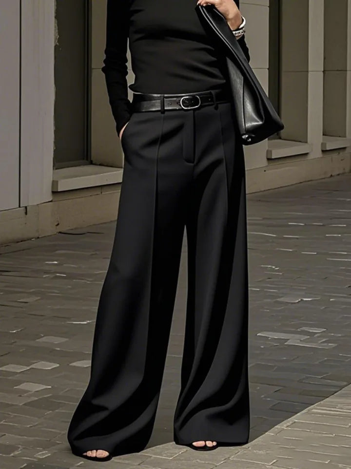 UOOZEE Office Lady Black White Solid Color Wide Leg Pants 2025 New Elastic High Waist Urban Commute Simple Trousers No Belt