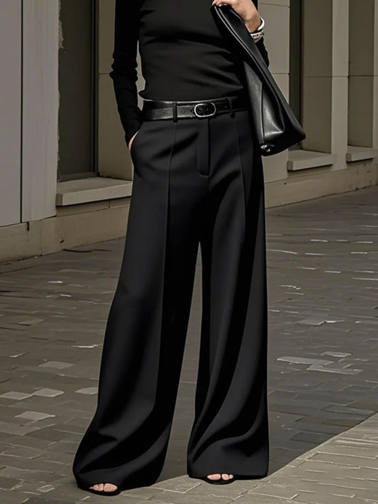 UOOZEE Office Lady Black White Solid Color Wide Leg Pants 2025 New Elastic High Waist Urban Commute Simple Trousers No Belt