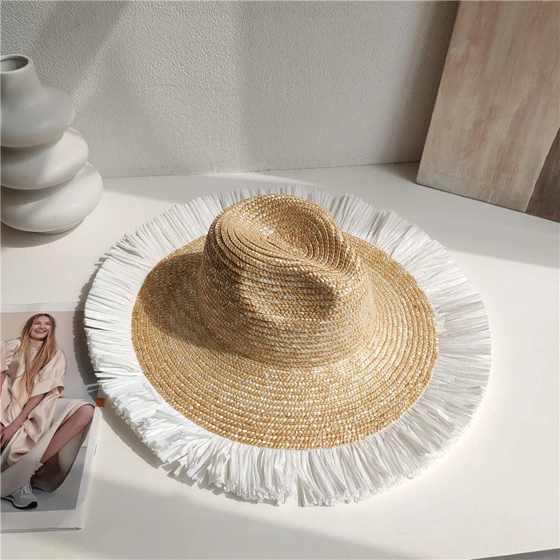 Hepburn Style Summer Straw Hat French Elegant Ladies Seaside Travel Sun Hat Bow Ribbon Flat Top Wide Brim Straw Hat 여름모자