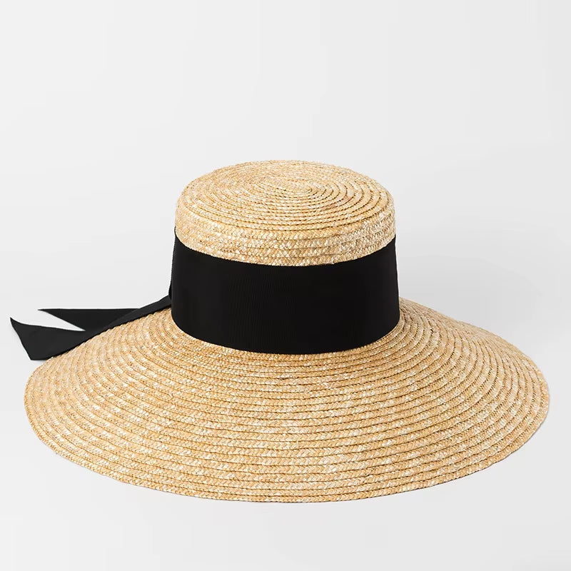 Hepburn Style Summer Straw Hat French Elegant Ladies Seaside Travel Sun Hat Bow Ribbon Flat Top Wide Brim Straw Hat 여름모자