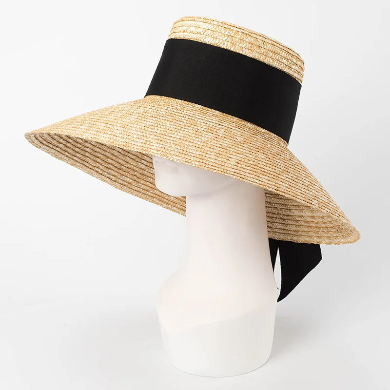 Hepburn Style Summer Straw Hat French Elegant Ladies Seaside Travel Sun Hat Bow Ribbon Flat Top Wide Brim Straw Hat 여름모자